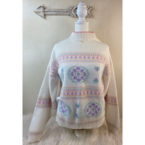 Women's Vintage Jolie White Pastel Floral Mock Neck Sweater Medium